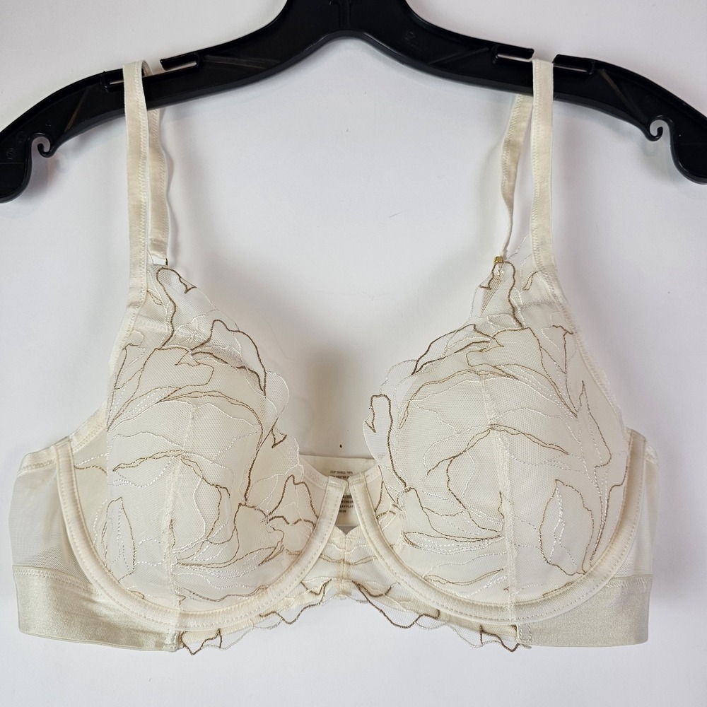 Soma Linework Embroidered Lace Plunge Bra 38C Ivory Gold Underwire